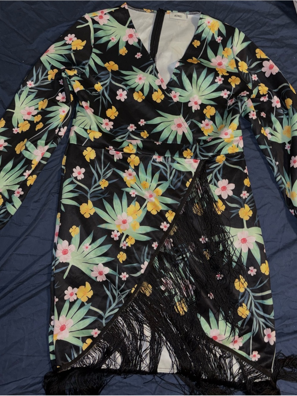 Aqua Black Tropical Floral Fringe Wrap Details Dress